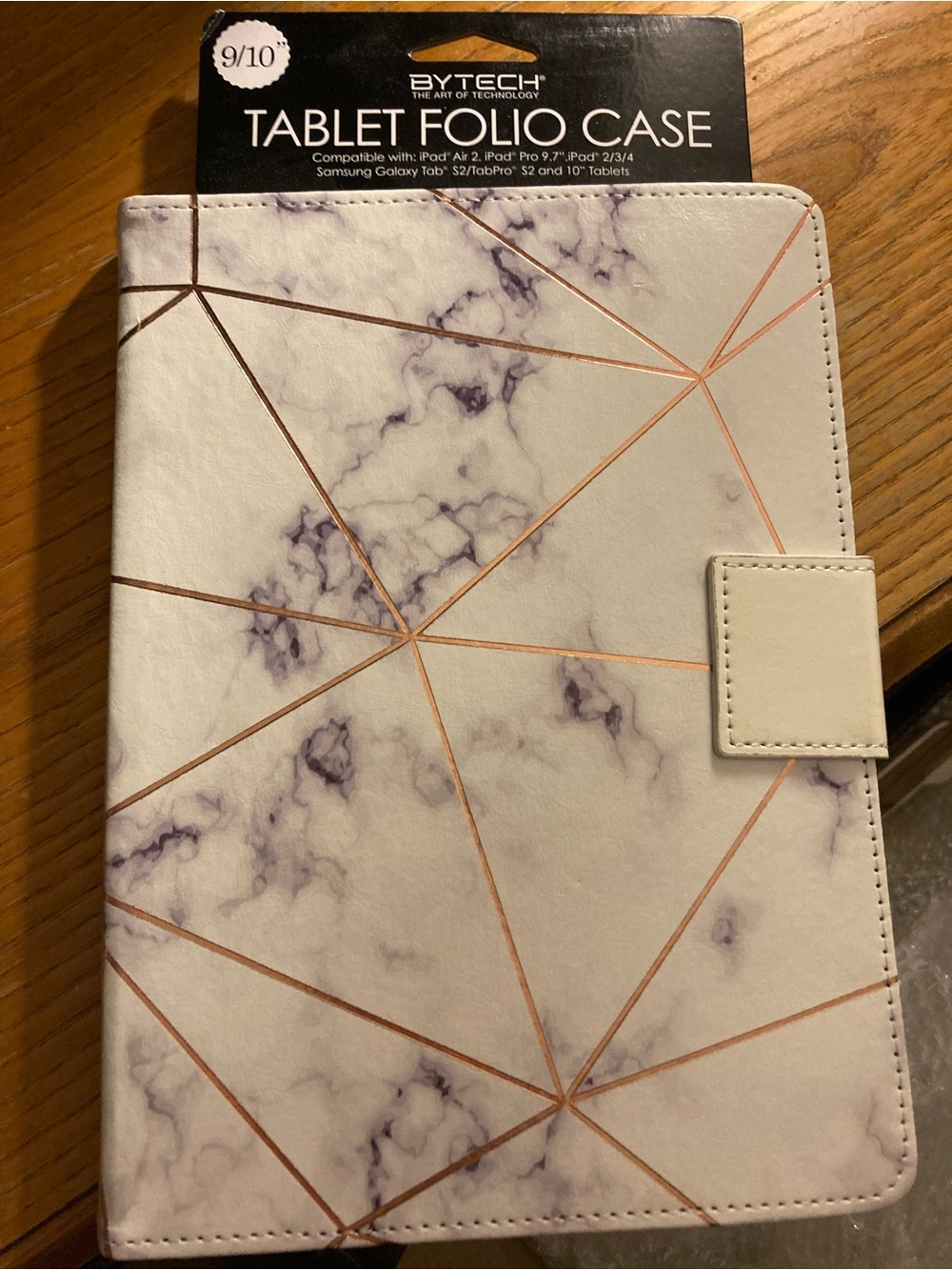 ByTech White Marble Tablet Folio Case with Rose Gold Geometric Accents New